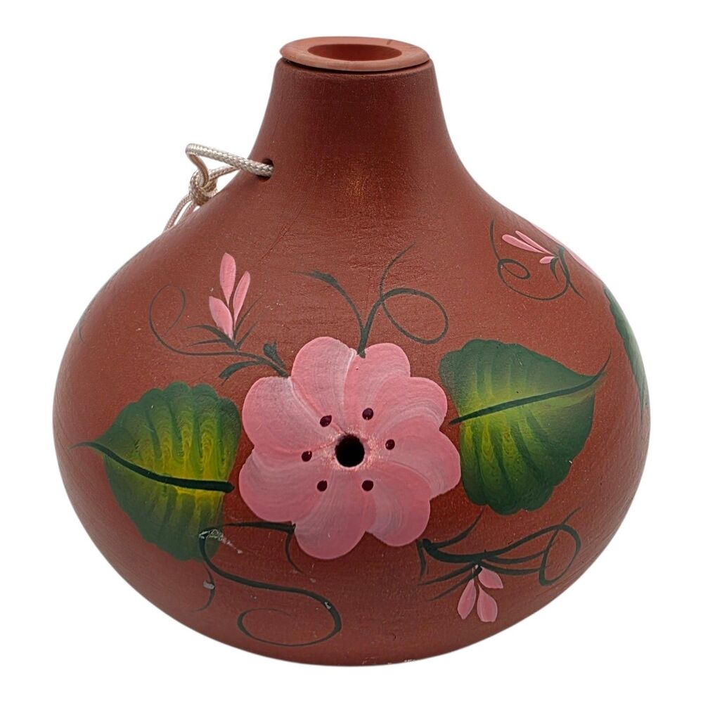 HUMMINGBIRD FEEDER Handmade Ceramic Lone Wolf Signed Hand Painted Flowers